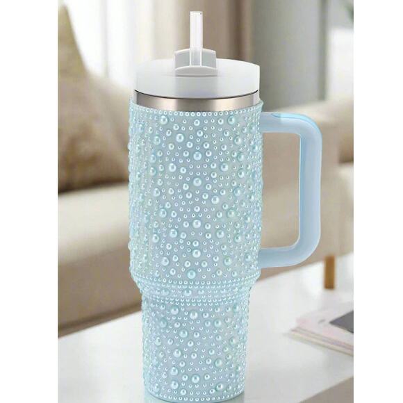 40 oz Blue Pearl Studded Stainless Steel Tumbler with Handle - Picture 1 of 2